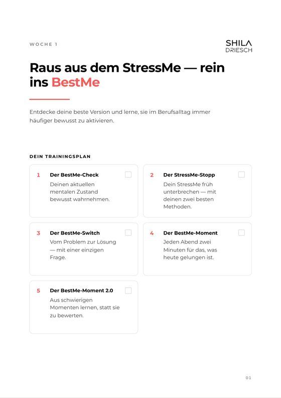 Handouts zum Training, vorn Woche 1: Raus aus dem StressMe – rein ins BestMe, mit Trainingsplan